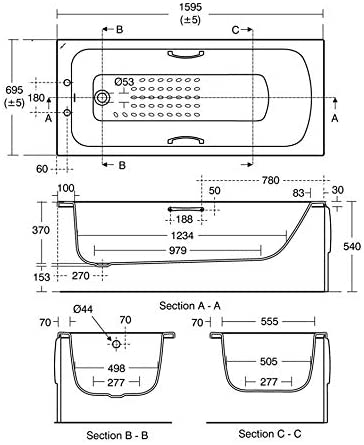 Armitage Shanks E028701 Sandringham 21 1600mm x 700mm 2 Taphole Bath with Handgrips & Tread Pattern