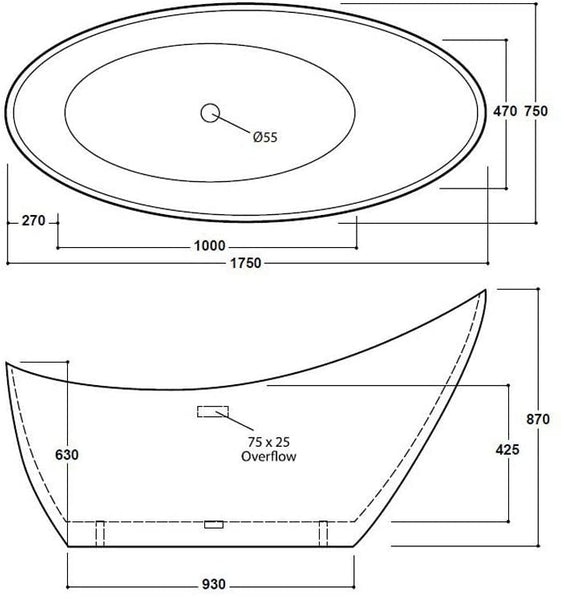 Synergy Slipper Modern 1750mm White Thin Edged Slipper Bath