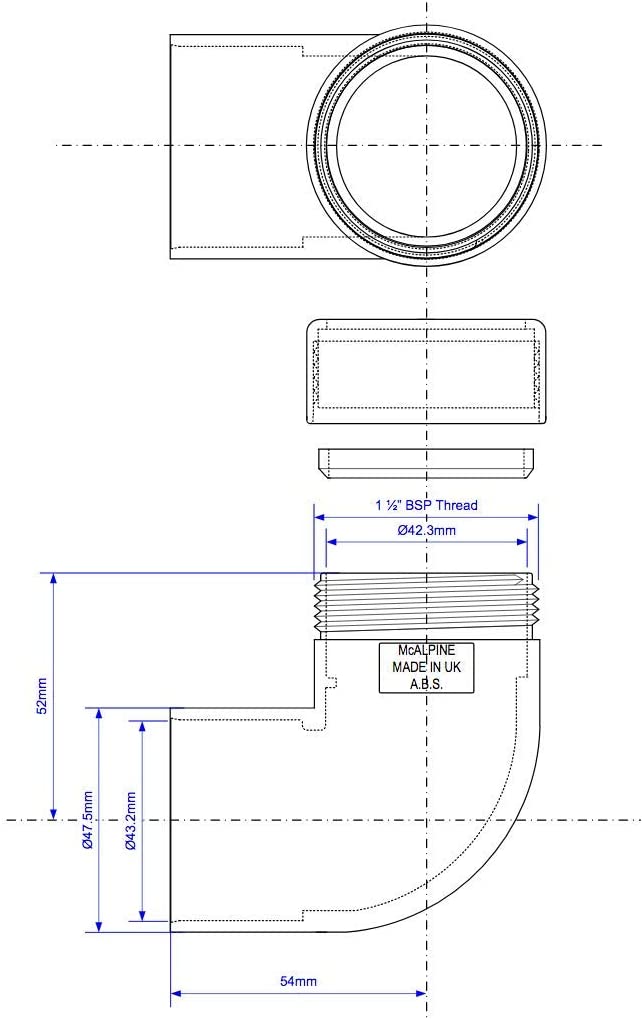 McAlpine 1̴_" x 42/43mm 90̴åÁ Bend CP Brass x ABS Connector ABS42/43A-CB