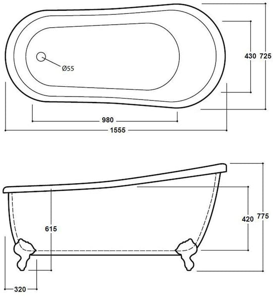 Synergy Brentwood 1555mm Traditional Slipper Bath SY-FSB303