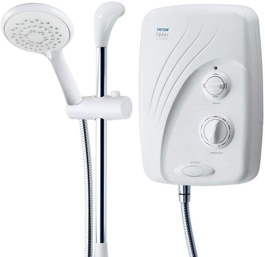 Triton T80si Pumped Tank Fed White & Chrome Electric Shower 9.5kW + Riser Rail