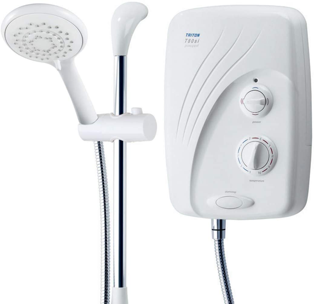 Triton T80si Pumped Tank Fed White & Chrome Electric Shower 9.5kW + Riser Rail