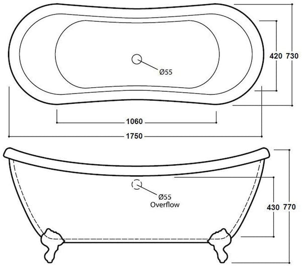 Synergy Marlow 1750mm Traditional Double Ended Slipper Bath SY-FSB307