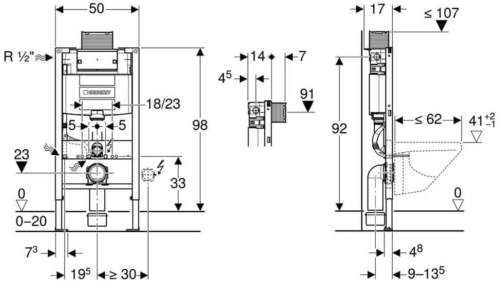 Geberit Duofix 0.98m WC Toilet Frame 12cm Omega Cistern Wall Brackets + WC Bend