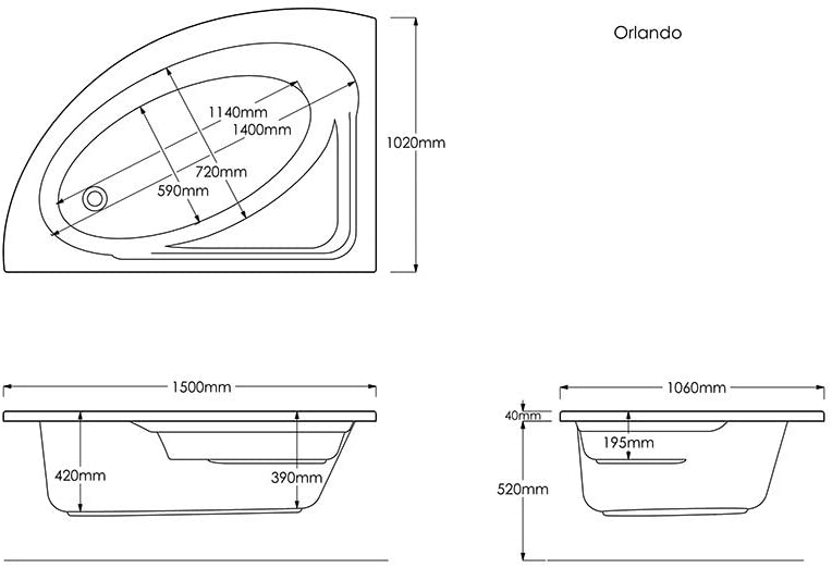 JDS HARDWARE Orlando Corner Bath Right Hand 1495 x 1010mm