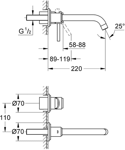 GROHE 19918000 Atrio Wall-Mounted 2-Hole Basin Tap, Medium (Excluding Concealed Body) - Chrome