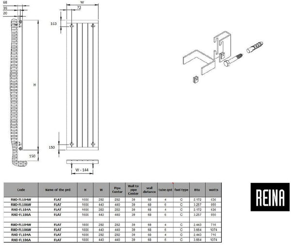Reina Flat Steel Anthracite Vertical Designer Radiator 1600mm x 440mm Double Panel