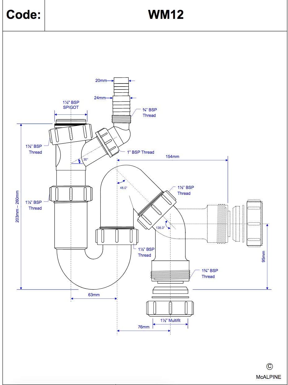 McAlpine All One Sink Trap with 135 Degree Swivel Nozzle MCALPINE-WM12