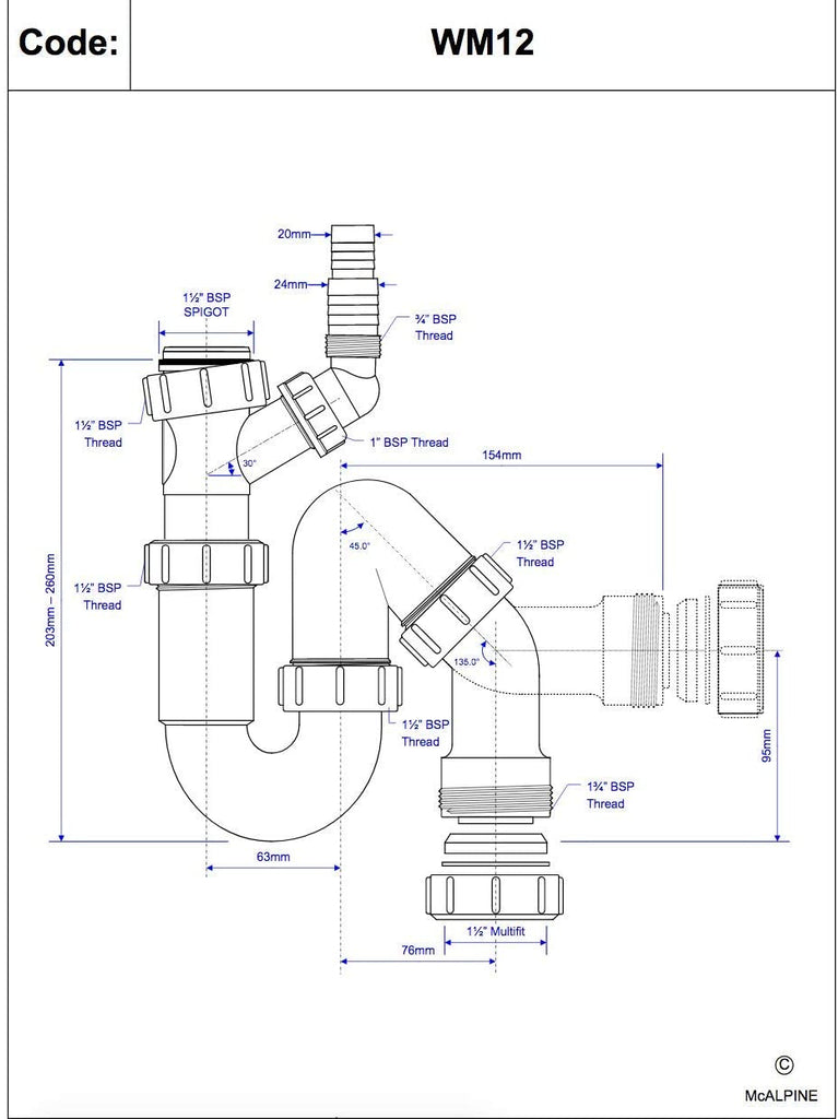 McAlpine All One Sink Trap with 135 Degree Swivel Nozzle MCALPINEWM12 The One Stop Bathroom Shop