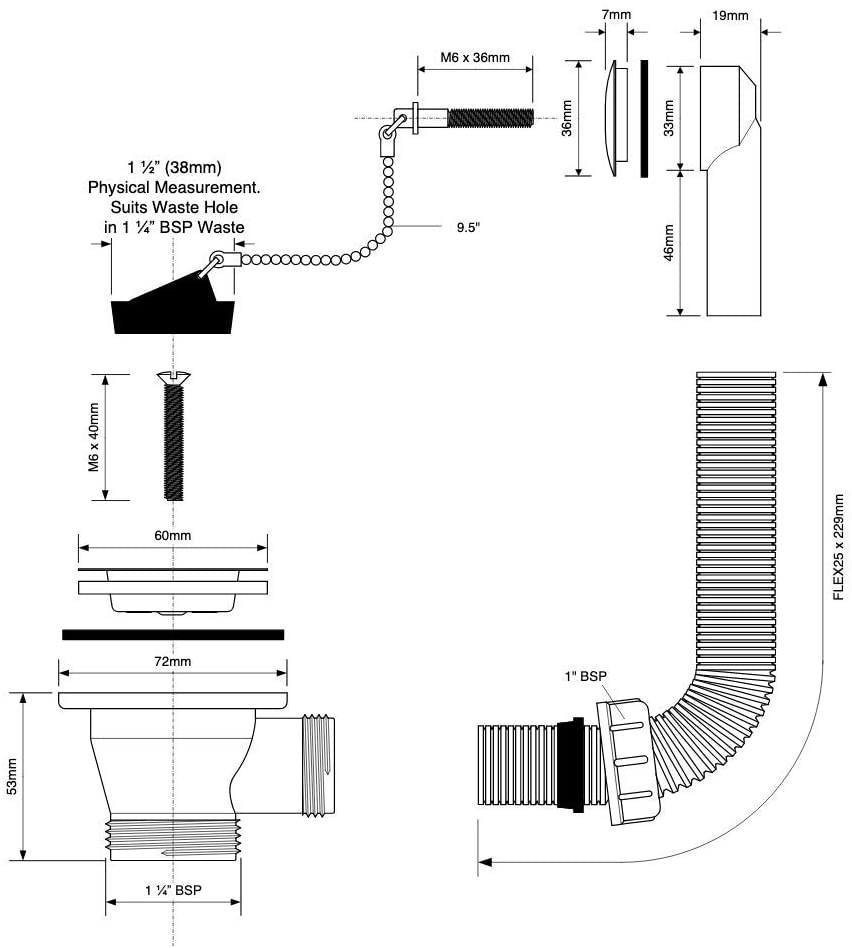 McAlpine 1̴_" Combined Waste and Overflow for Vanity Basin 60mm Stainless Steel Flange FVW1P