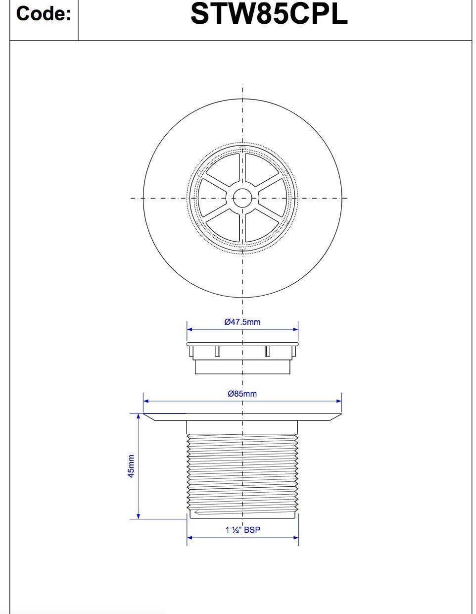 McAlpine 1å_" 29mm Long Shower Waste 70mm CP Plastic STW85CPL