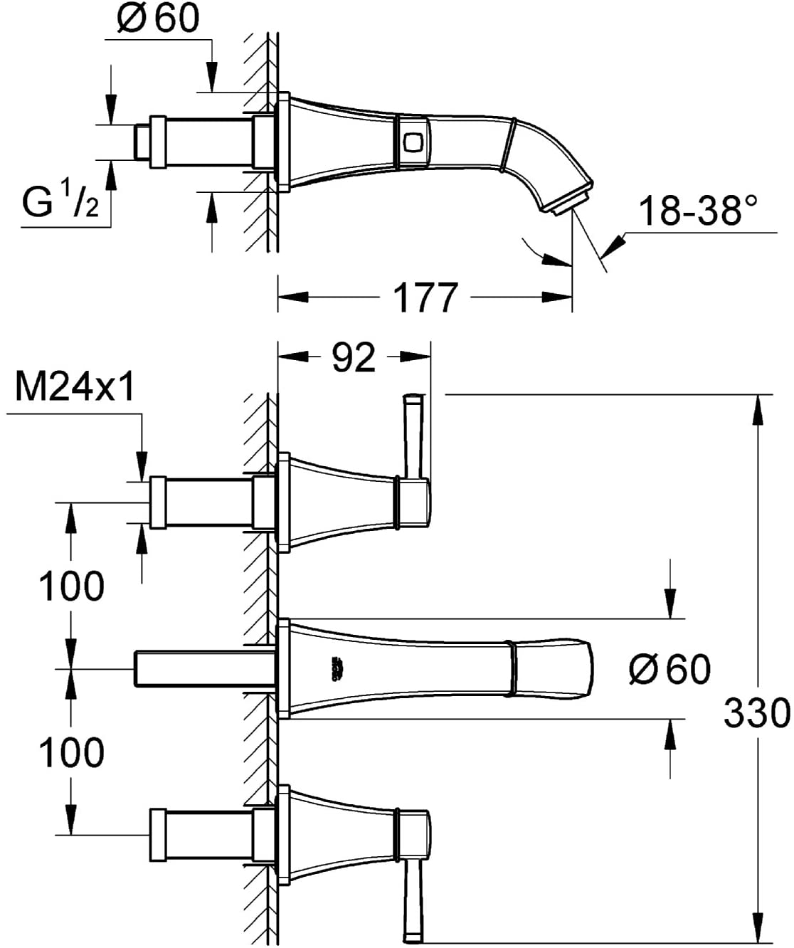 GROHE Grandera 3-Hole Wall-Mounted Basin Tap, 177 mm