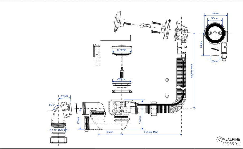 McAlpine 1̴_" Pop Up Push Button Bath Waste and Overflow PUBPB1M