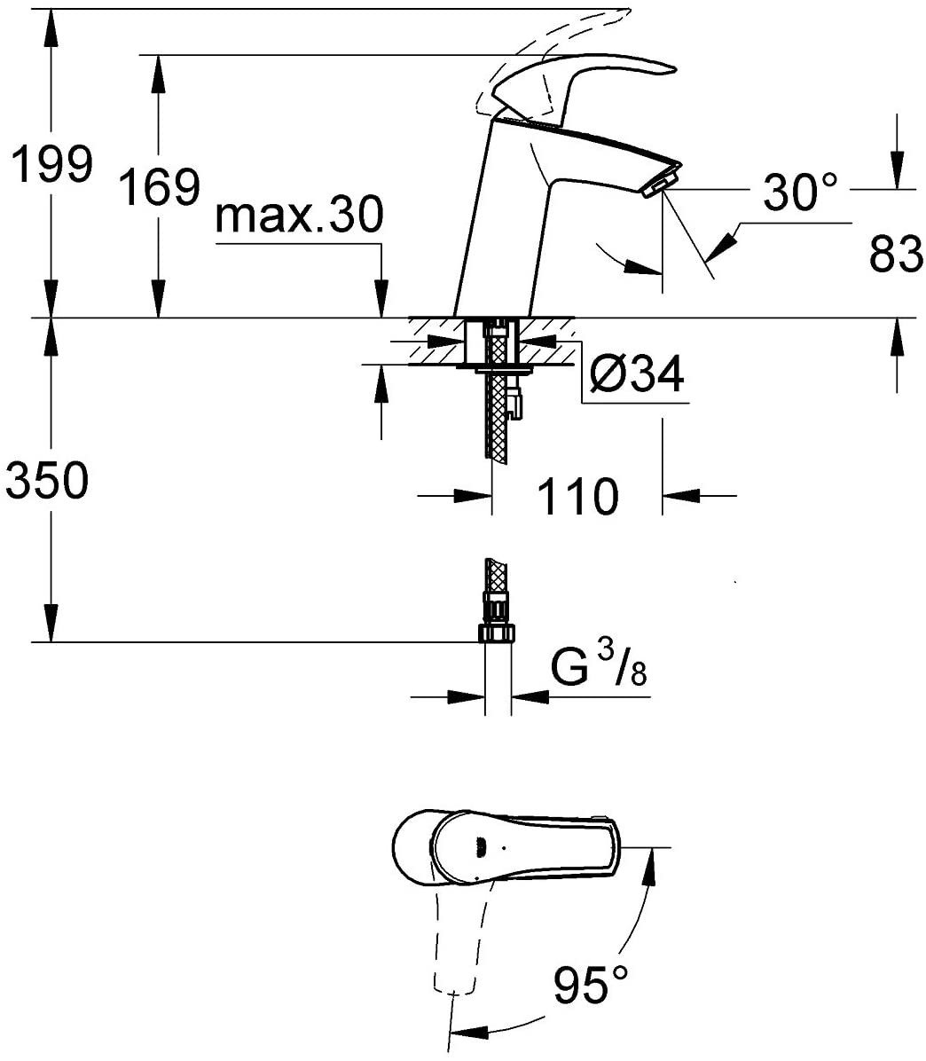 GROHE 32926002 Ecojoy Eurosmart Basin Mixer Tap with Spout and Waste Set, Normal, ES, Silkmove (Imported from Germany)