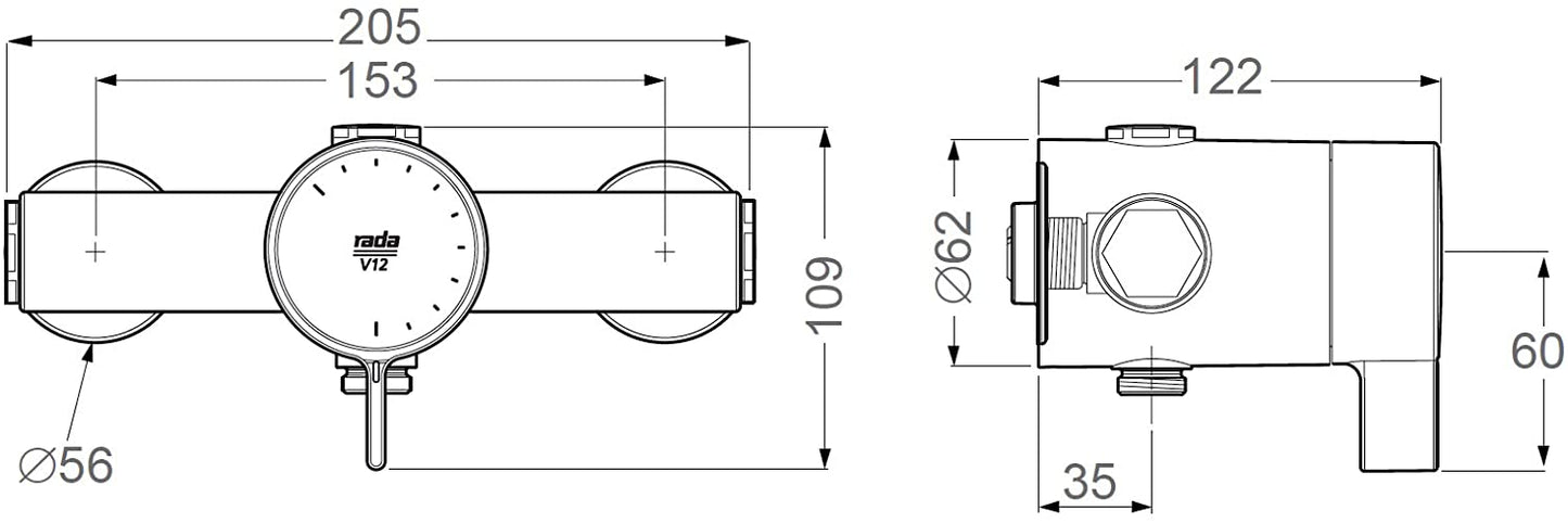 Rada 1.1651.001 V12 Exposed Shower Valve Mixer, Chrome