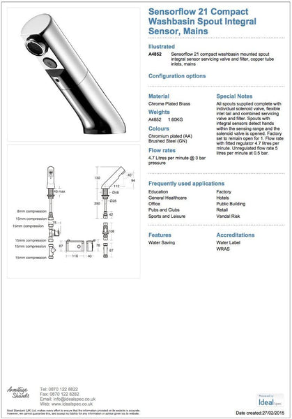 Armitage Shanks A4851GN Sensorflow 21 Compact basin tap in brushed steel. Battery powered