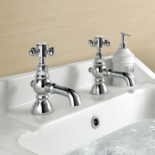 Home Standard | Clyde Traditional Pair of Hot and Cold Basin Taps Chrome Ball Cross Head Twin Faucets