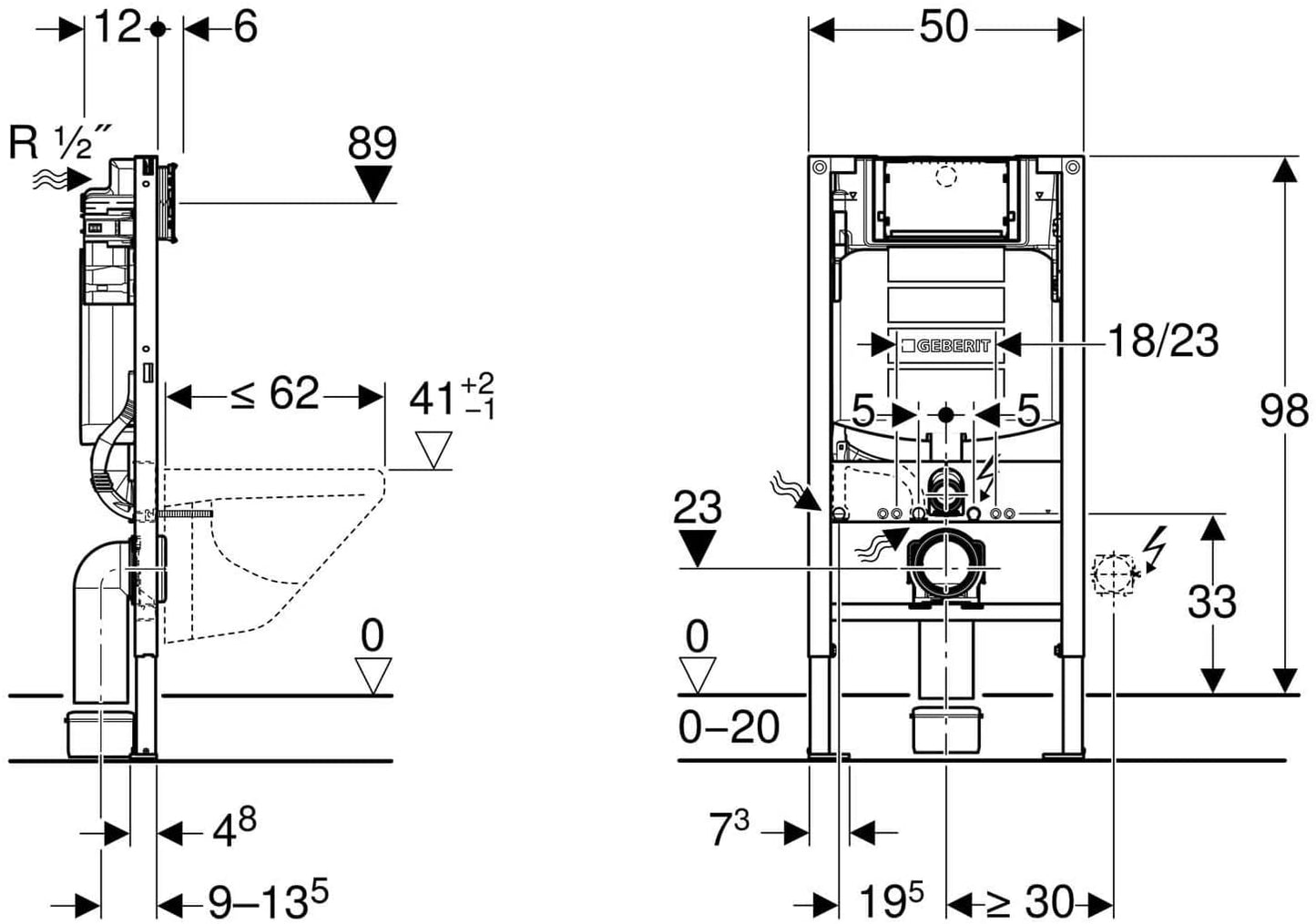 Geberit Duofix 0.98m WC Toilet Frame UP320 Sigma Cistern Wall Brackets + WC Bend