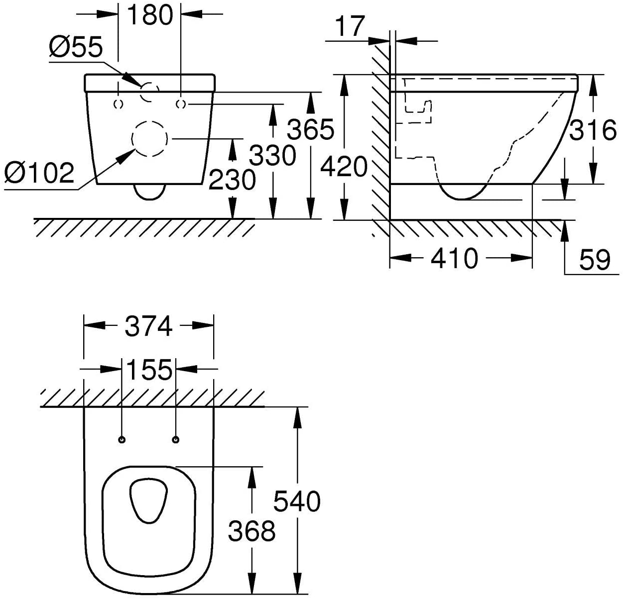 Grohe Euro Ceramic 3932800H Wall-Mounted Deep Flush Toilet with PureGuard Lotus Effect and PowerFlush White