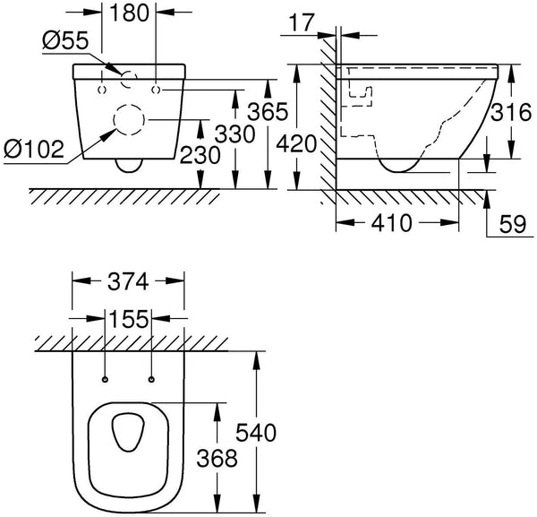 Grohe Euro Ceramic 3932800H Wall-Mounted Deep Flush Toilet with PureGuard Lotus Effect and PowerFlush White