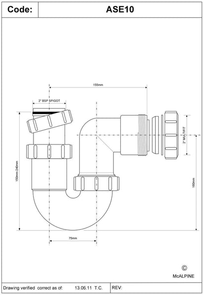 McAlpine ASC10 11/2 inch x 75mm Water Seal Adjustable Inlet Tubular Swivel 'P' Trap with Multifit Outlet, White