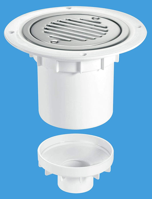 McAlpine SHEET FLOOR Trapped Gully Vertical 110mm Diameter Outlet with Chrome Plated Stainless Steel Tile