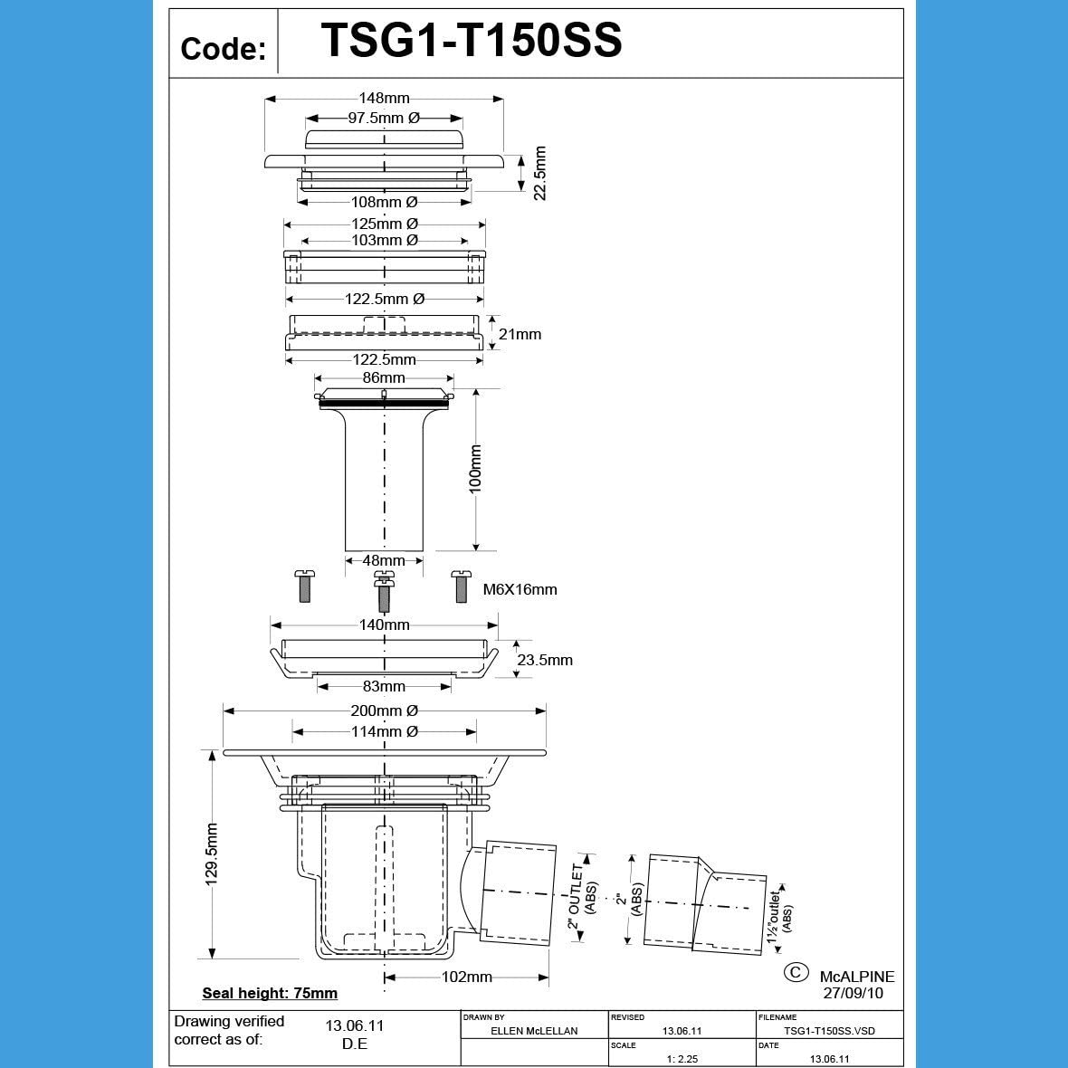 McAlpine TSG1-T150SS 75mm water seal trapped gully Tile or Stone Floor