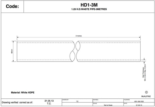 McAlpine 1̴_" 3m Length HDPE Surefit White Waste Pipe HD1-3M