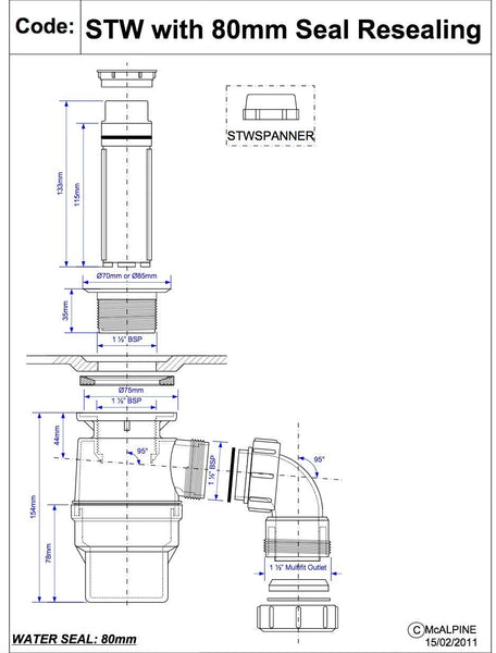 McAlpine 1å_" 80mm Seal Resealing Shower Trap - 85mm CP Stainless Steel Mushroom STW12-M
