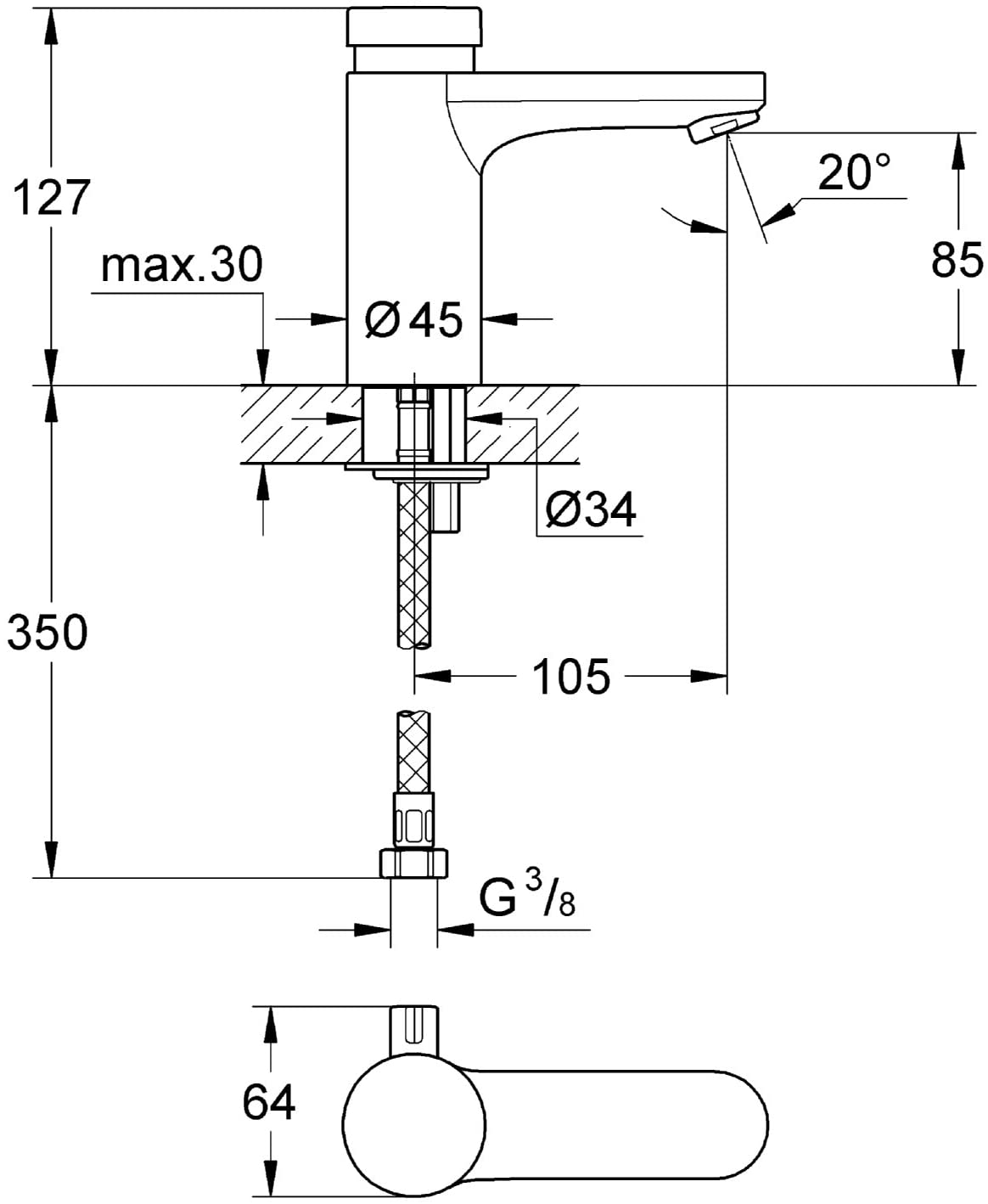GROHE 36317000 Eurosmart Cosmopolitan T Self-Closing Basin Mixer Tap with Mixing Device