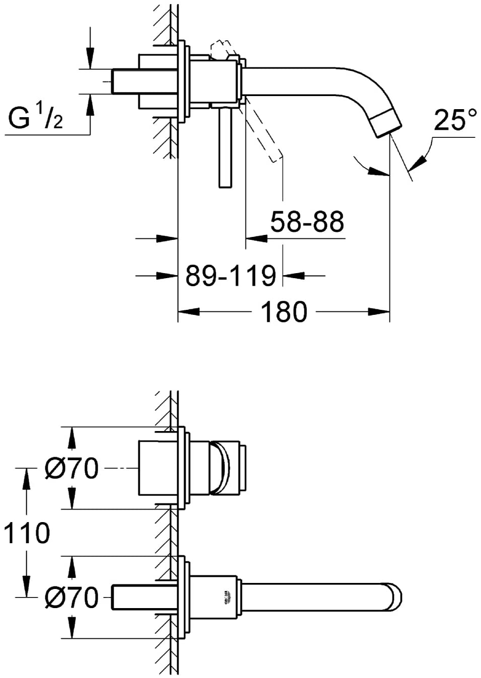 GROHE 19287001 | Atrio Wall-Mounted 2-Hole Basin Tap | S