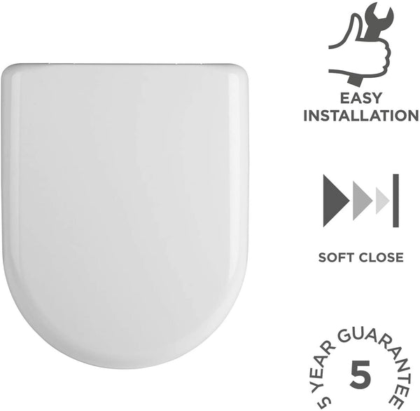 Nuie NTS002 | Modern Bathroom D Shaped Soft Close Toilet Seat, 465mm x 367mm, White