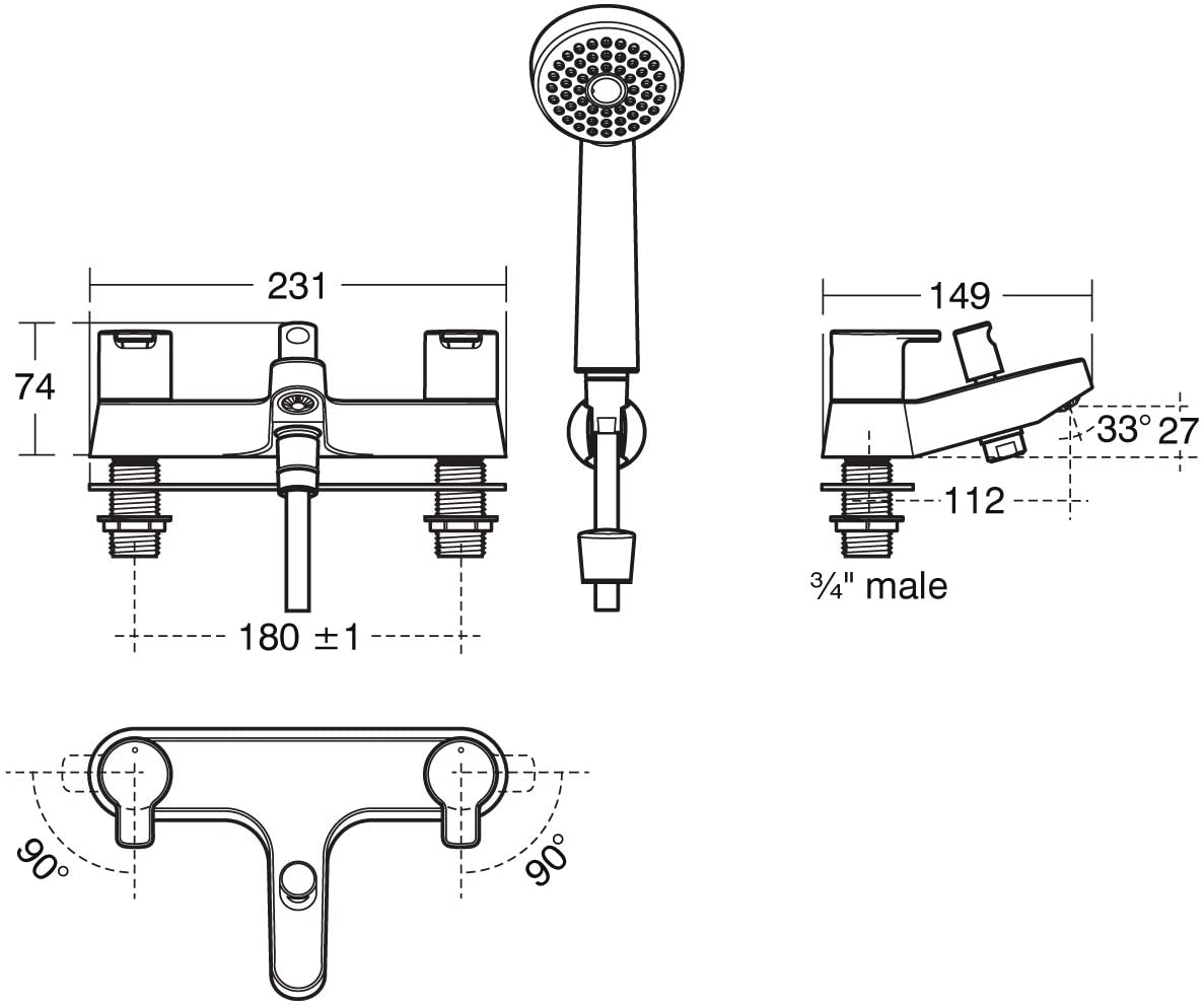 Ideal Standard B1152AA Calista Dual Control Two Hole Bath Shower Mixer, Chrome