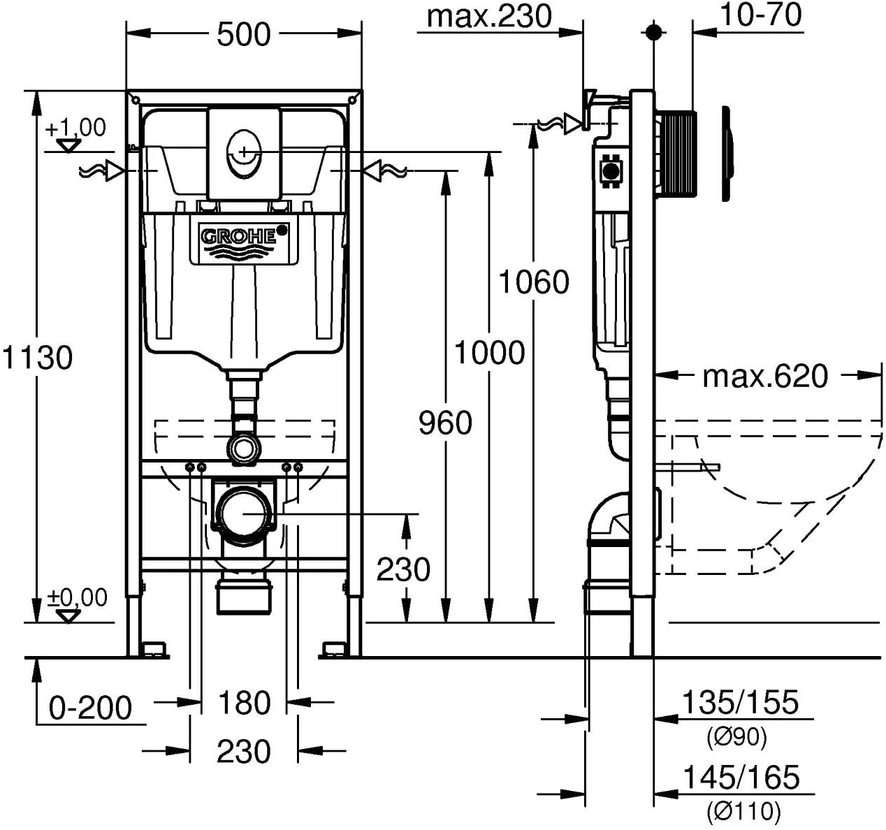GROHE 38721001 Rapid Sl 3-in-1 Set for Wall-Hung Toilet, 1.13 m (Wall Brackets and Skate Air Flush Plate) - Chrome