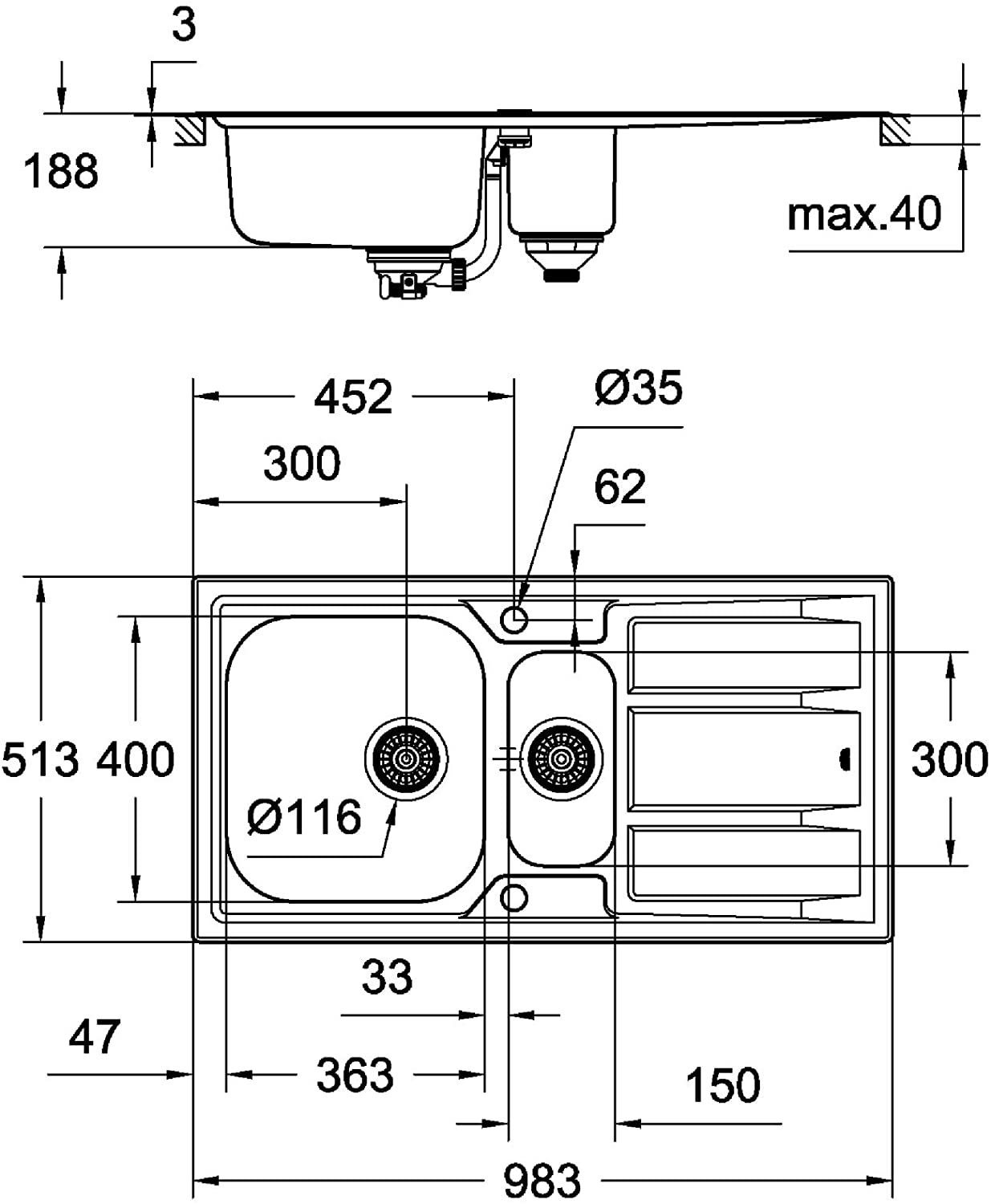 GROHE 31569SD0 | K400+ Sink 1.5 bowl | Stainless Steel