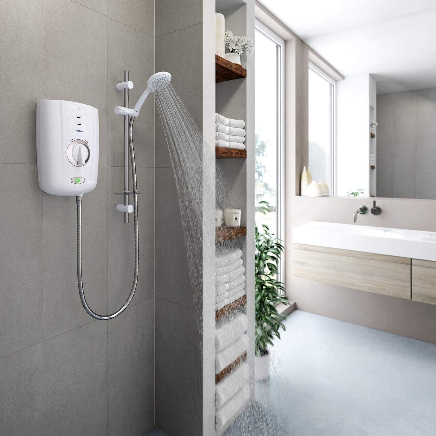 Triton T150+ Thermostatic Electric Shower 9.5kW White Chrome 1.75m Hose BEAB