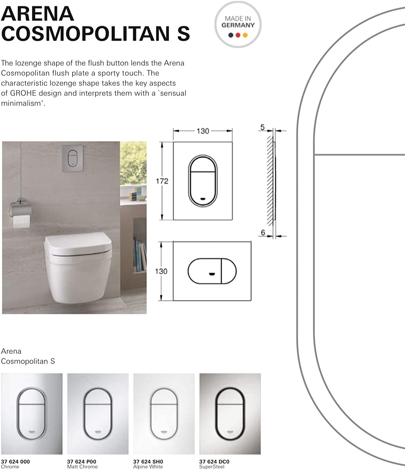 GROHE Arena Cosmopolitan S | Toilet Flush Plate | Small 130 x 172 mm | Matt Chrome | 37624P00