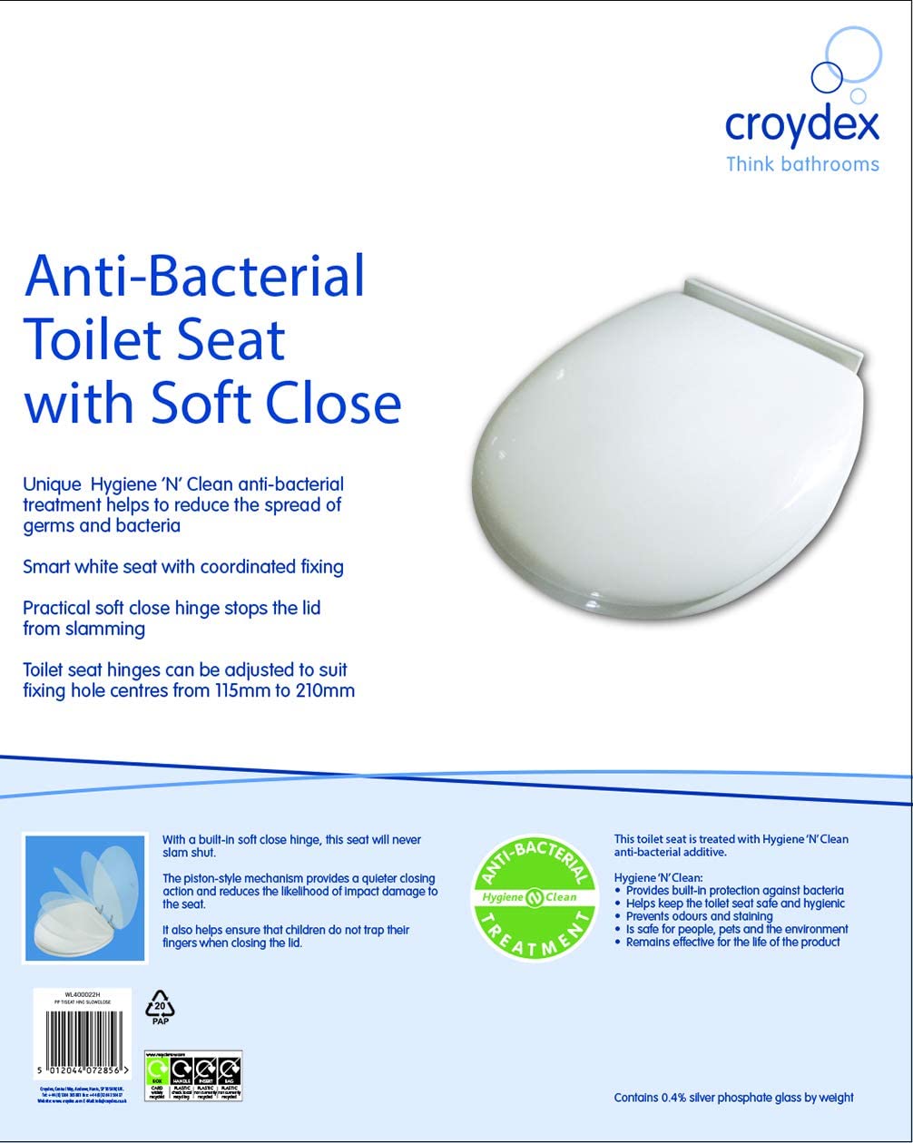 Croydex Anti-Bacterial Toilet Seat with Soft Close Hinges Made from Resilient Polypropylene, White