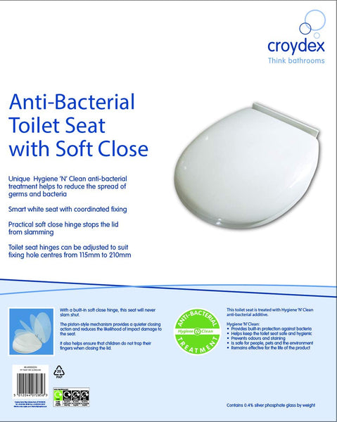 Croydex Anti-Bacterial Toilet Seat with Soft Close Hinges Made from Resilient Polypropylene, White