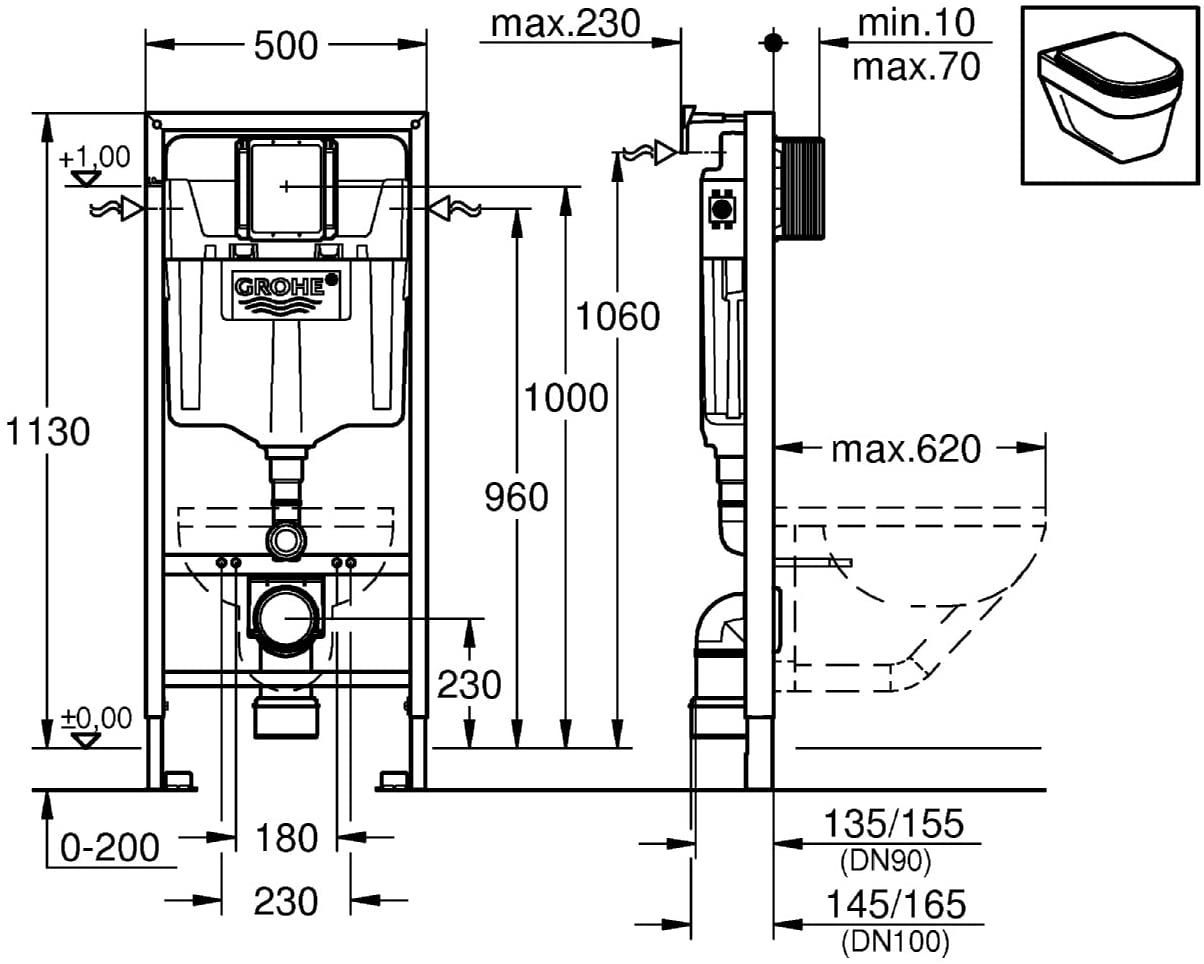 GROHE 38536001 Rapid Sl 2-in-1 Set for Wall-Hung Toilet, 1.13 m, Wall Brackets