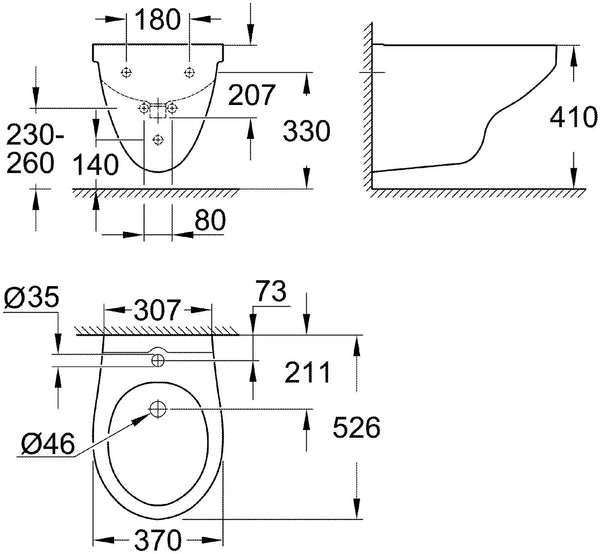 Grohe 39433000 BAU Ceramic Wall Bidet Smooth Alpine White Glass Porcelain with Threaded Hole and Overflow White