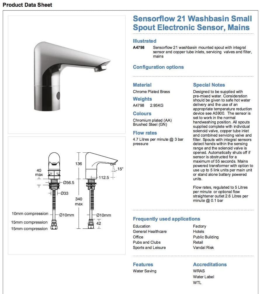 Armitage Shanks Sensorflow 21 small basin tap A4798AA. Mains operated