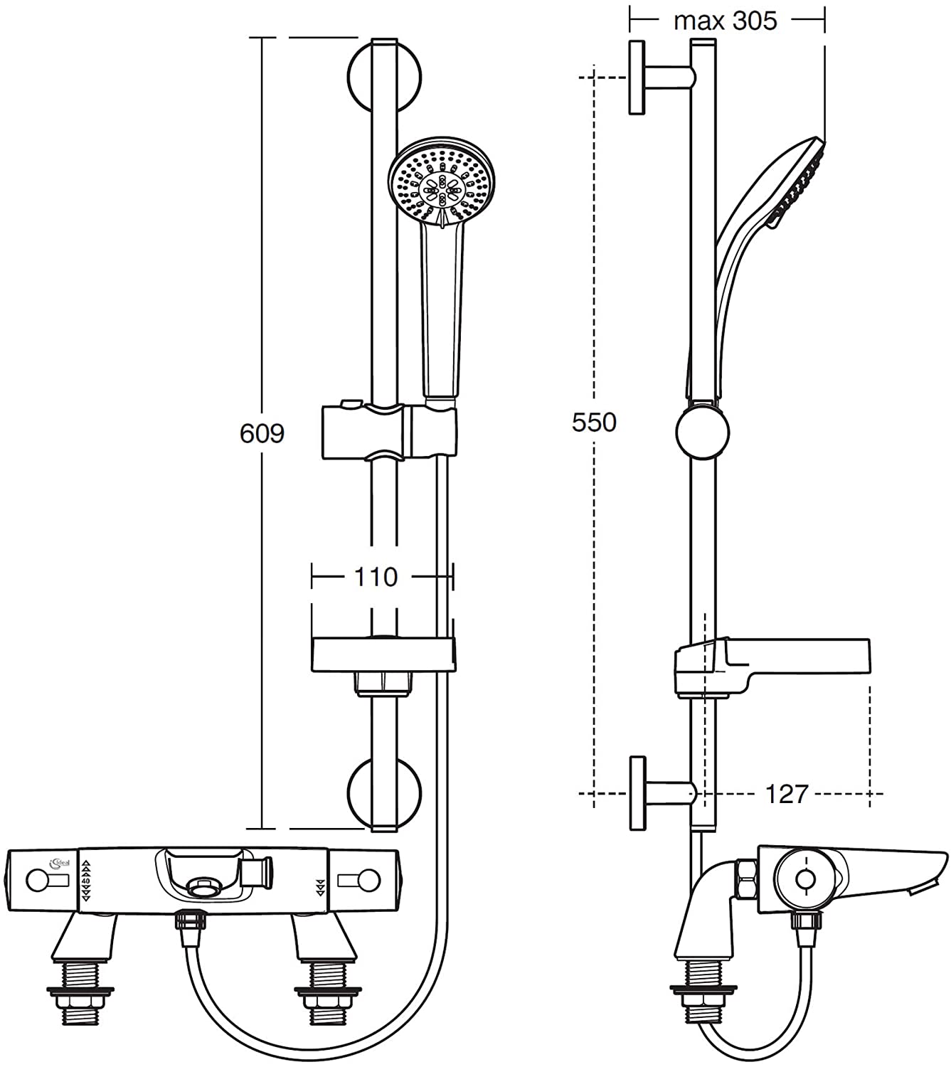 Ideal Standard Alto Ecotherm thermostatic bath shower mixer & riser kit. A5636AA