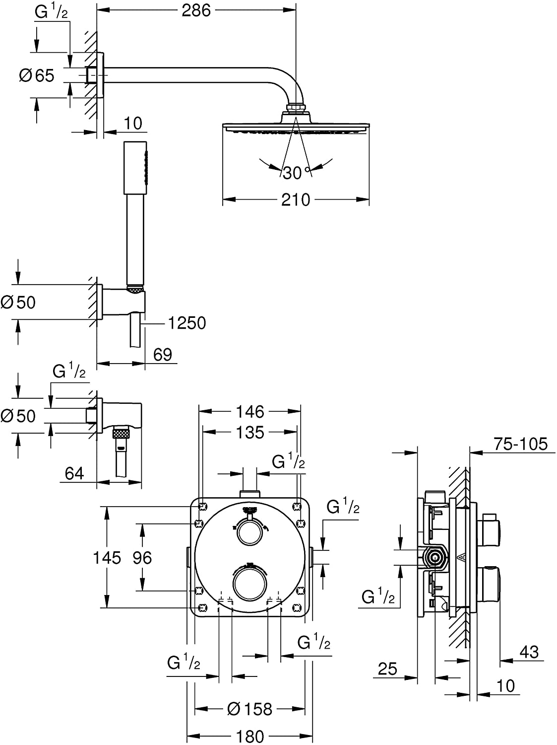 Grohe 34732000 Flush-Mounted Shower System with Rainshower Cosmopolitan 210 Chrome