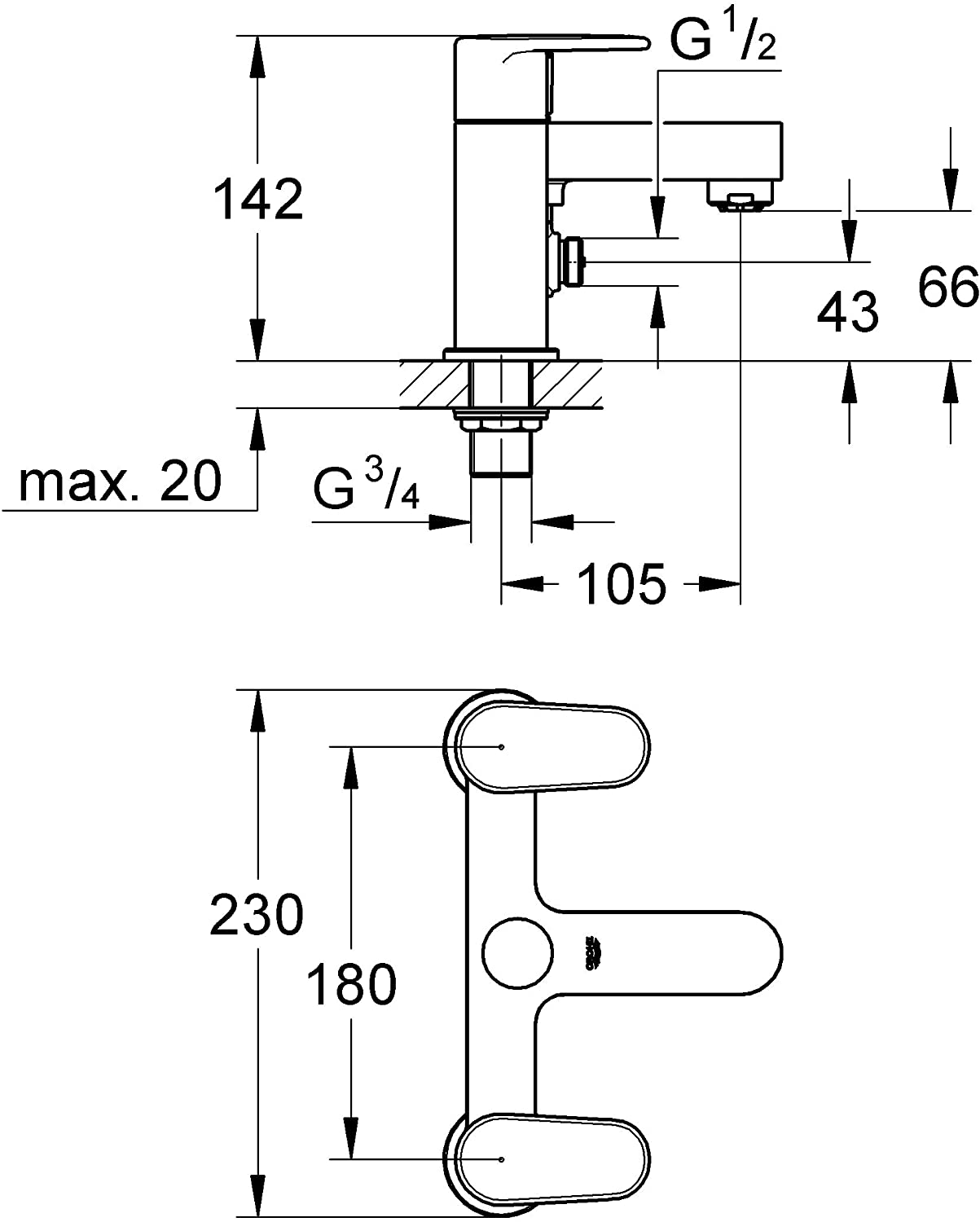 GROHE 25133002 | Europlus Two-Handled Bath & Shower Mixer