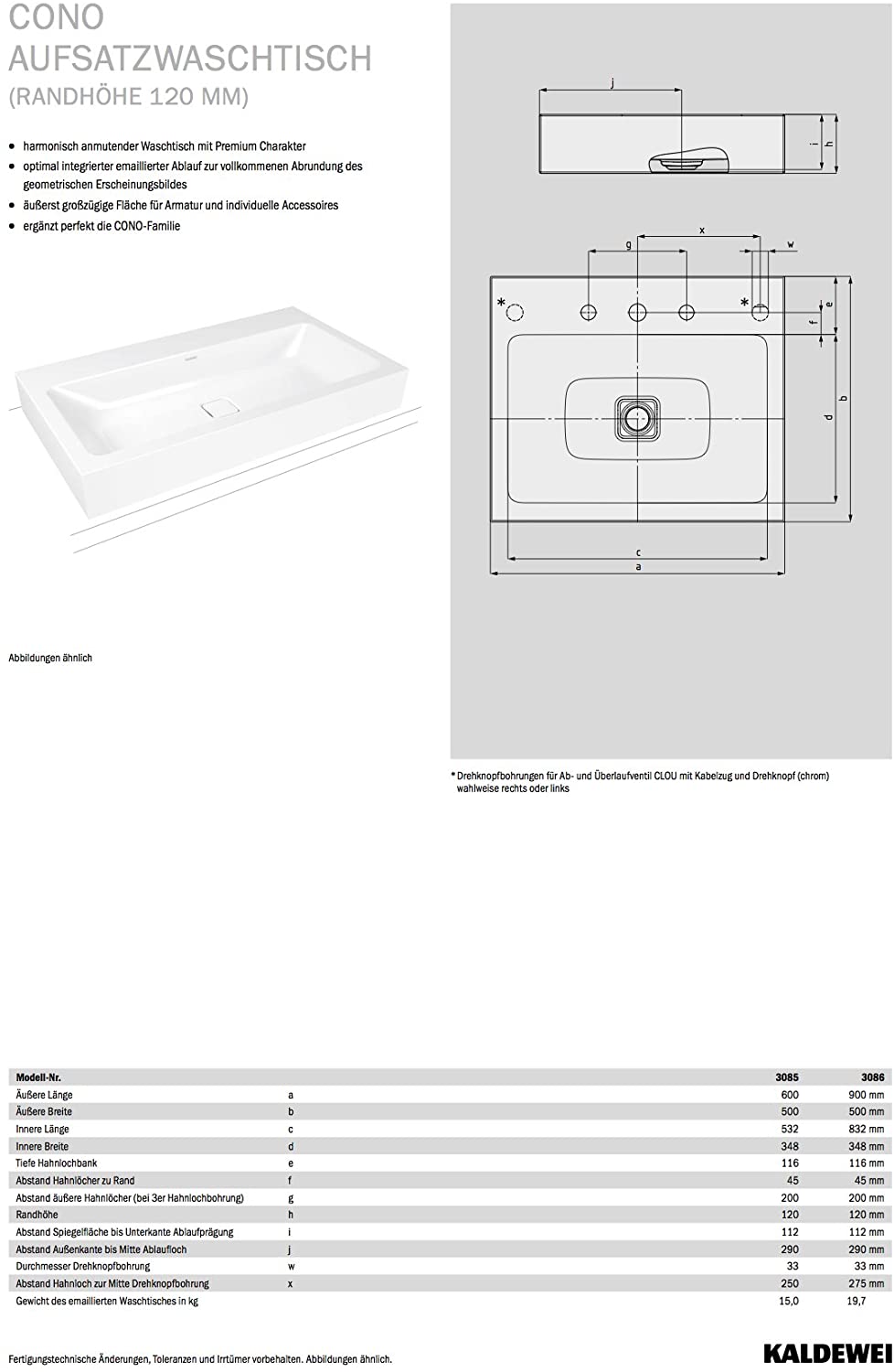 Cono Counter Top Basin 600X500X120åÊWB 3085åÊKaldewei Enamel Pearl Effect