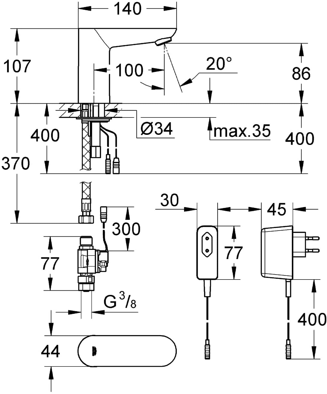 GROHE 36269000 Euroeco CE Infrared Electronic Tap for Washbasin