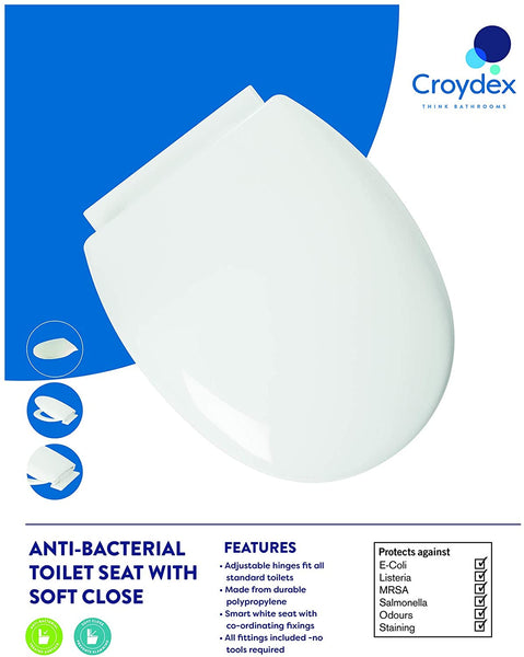 Croydex Anti-Bacterial Toilet Seat with Soft Close Hinges Made from Resilient Polypropylene, White