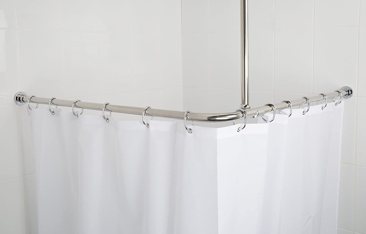 Croydex Superline Stainless Steel Modular Shower Rod Kit with Ceiling Support and Curtain Rings Can Be Fitted L-Shaped, Large L-Shaped, U-Shaped or Straight