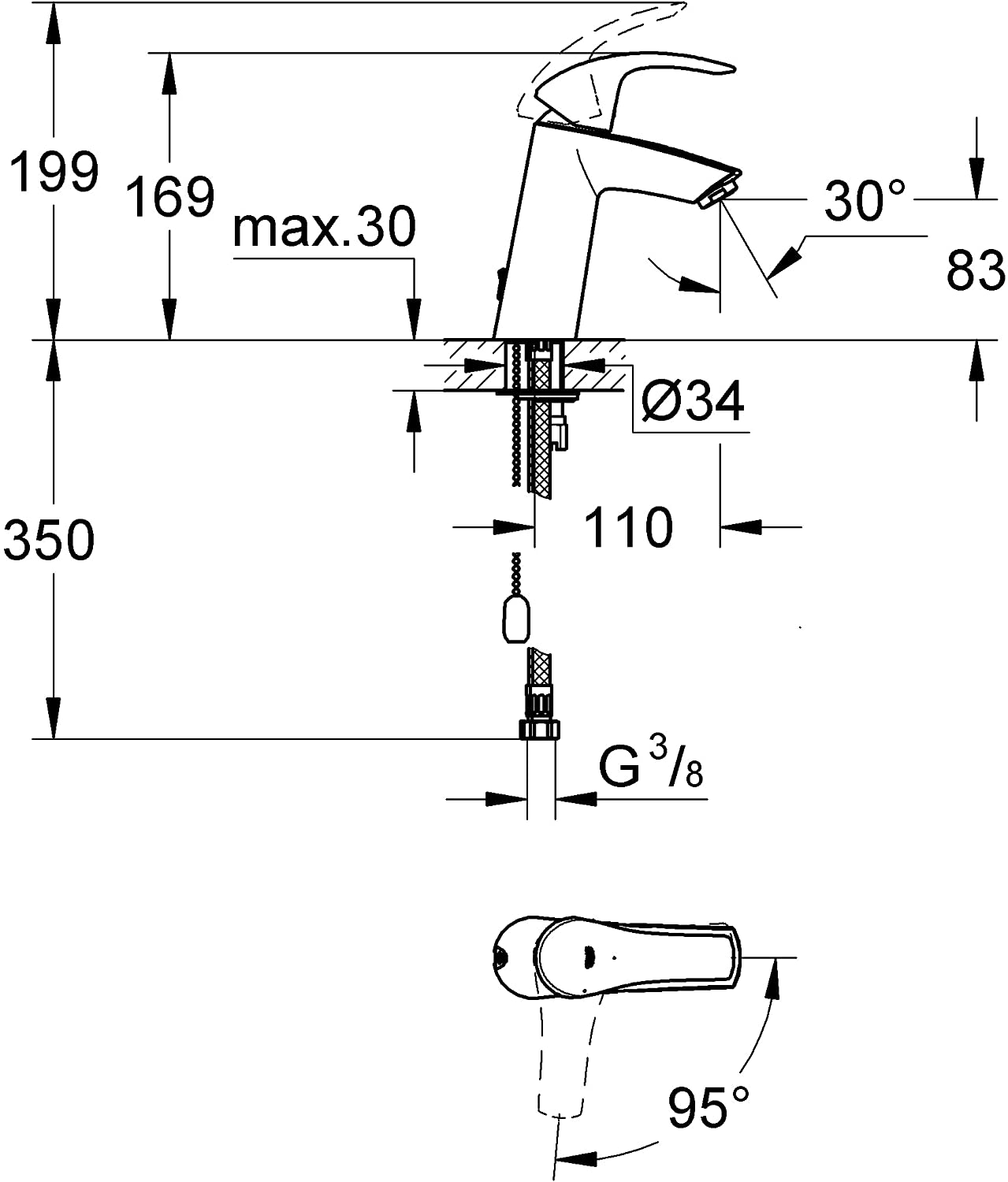 GROHE 2339410E Eurosmart Basin Tap with Retractable Chain, Medium High Spout_P